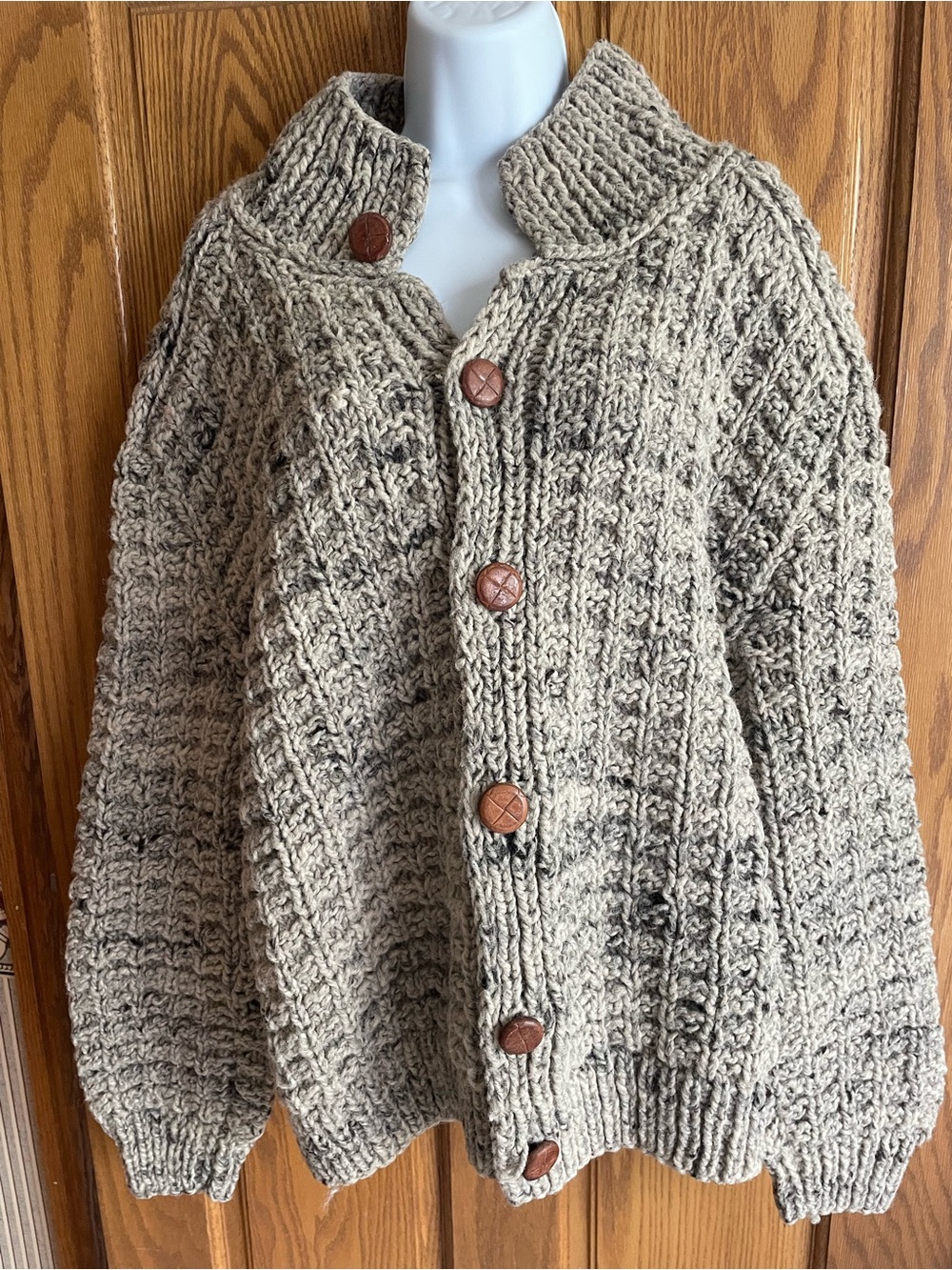 Hand Made/hand knit cardigan sweater. Wool? Large? Gray, black blend